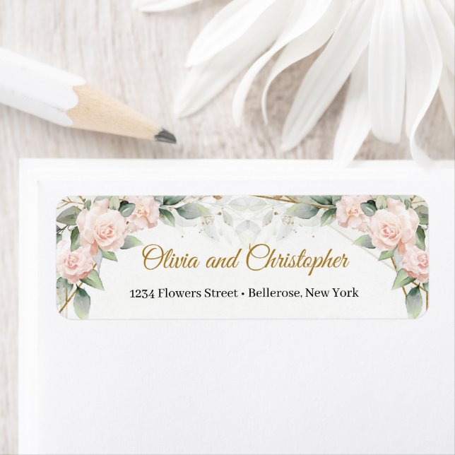 Étiquette Boho roses rose rousse eucalyptus cadre or (En situation)