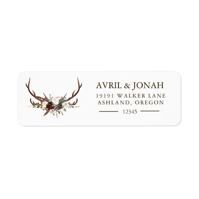 Étiquette Boho Rustic Floral Rose Antlers Adresse de retour (Devant)