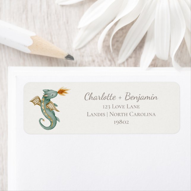 Étiquette Boho Storybook Dragon Baby shower Adresse de retou (En situation)