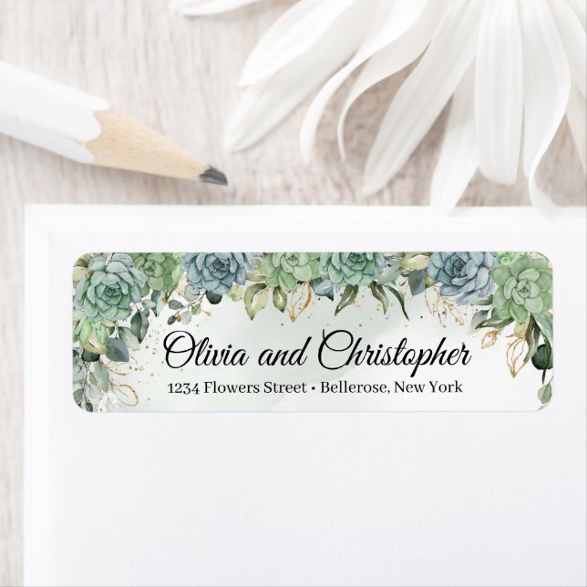 Étiquette Boho succulent eucalyptus faux cadre or (En situation)