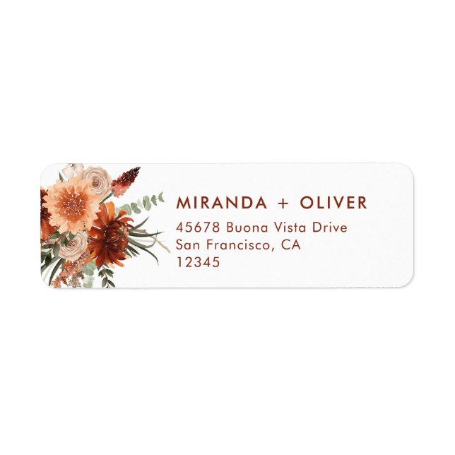 Étiquette Boho Terracotta Floral Mariage Adresse de retour (Devant)