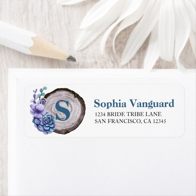 Étiquette Bois rustique bleu aquarelle Floral Mariage Étique (En situation)