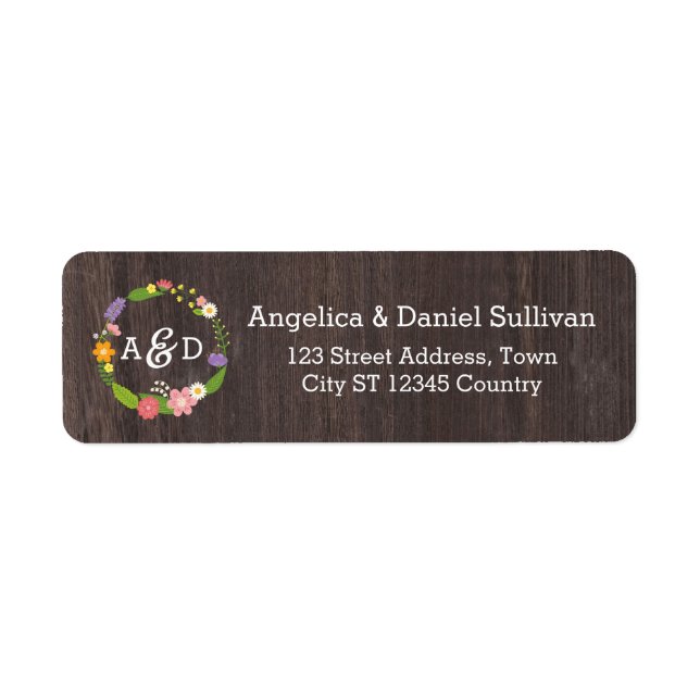 Étiquette Bois rustique Bohème Floral Mariage Wreath (Devant)