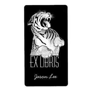 Étiquette Boîtes Ex Libris Blanc Tigre Gros Chat Sur Noir