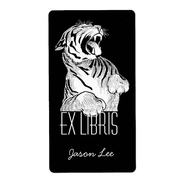 Étiquette Boîtes Ex Libris Blanc Tigre Gros Chat Sur Noir (Devant)