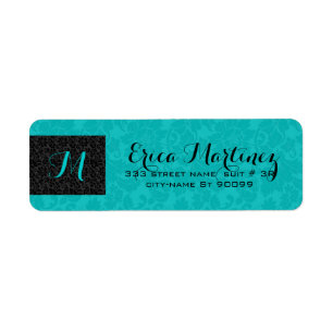 Étiquette Bold Elegant Black And Turquoise Floral Damas