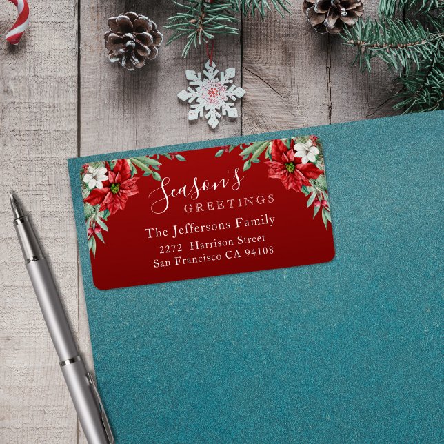 Étiquette Bonnes Fêtes Poinsettia Noël rouge (Season's Greetings Poinsettia Red Christmas Label)