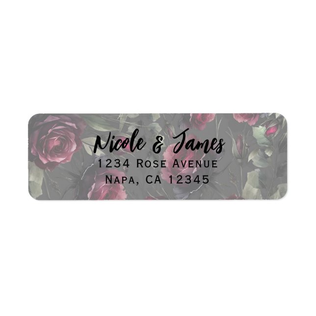 Étiquette Bordeaux Red Roses Shadowy Grey Floral Mariage (Devant)