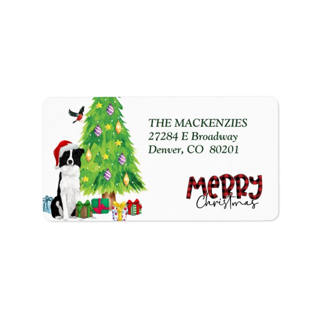 Étiquette Bordure Collie et Arbre de Noël Adresse de retour (Devant)