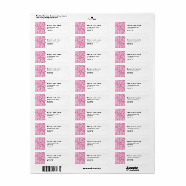Étiquette Bordure en dentelle rose Faux Adresse de retour (Feuille entière)