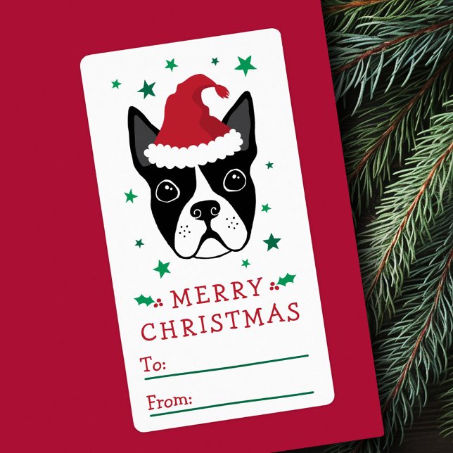 Étiquette Boston terrier Santa hat Joyeux cadeau de Noël (Boston terrier Santa hat Merry Christmas gift tag)