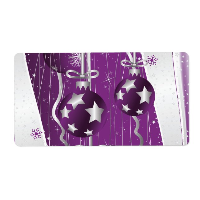 Étiquette Boules de Noël violettes et grises étoiles et floc (Devant)