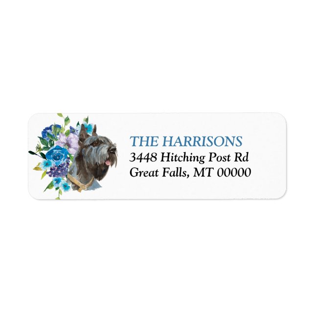 Étiquette Bouquet floral bleu Giant Schnauzer Chien (Devant)