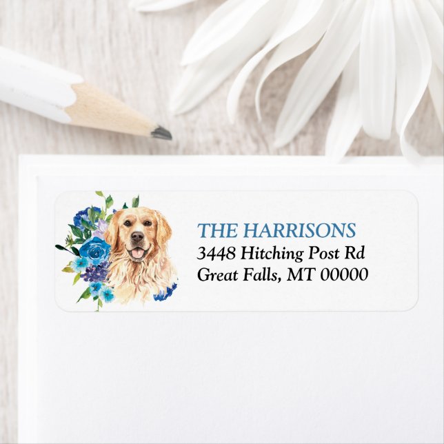 Étiquette Bouquet floral bleu Golden Retriever Chien (En situation)