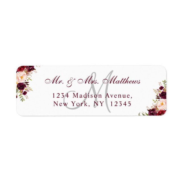 Étiquette Bourgogne Floral Elegant Monogram Mariage Adresse (Devant)