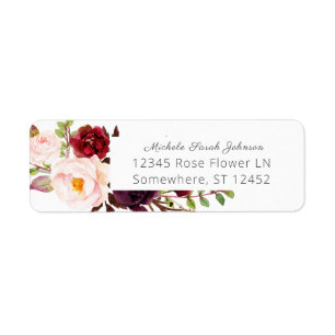 Étiquette Bourgogne Marsala rose Mariage floral blanc