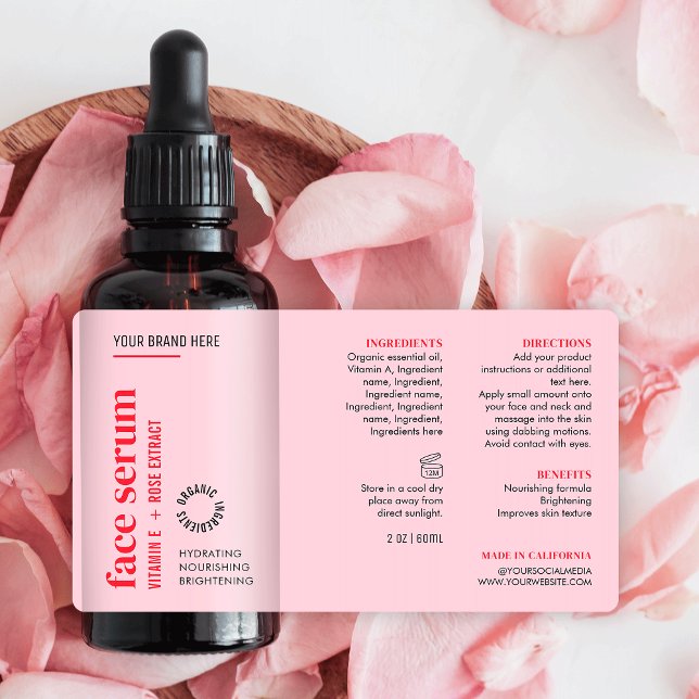Étiquette Bouteille de gouttelettes d'huile à visage rose fé (Feminine blush pink and red cosmetic dropper bottle wrap around label design)