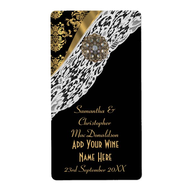 Étiquette Bouteille de vin mariage en dentelle blanche en or (Devant)