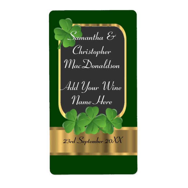 Étiquette Bouteille de vin mariage irlandaise verte et or (Devant)
