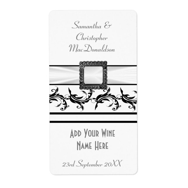 Étiquette Bouteille de vin mariage noir et blanc (Devant)