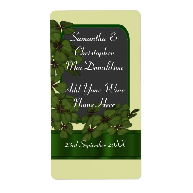 Étiquette Bouteille de vin mariage shamrock vert irlandais (Devant)