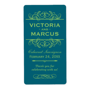 Étiquette Bouteille de vin Mariage turquoise Monogramme Favo