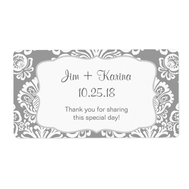 Étiquette Bouteille d'eau gris et blanc Damask - customisez- (Devant)