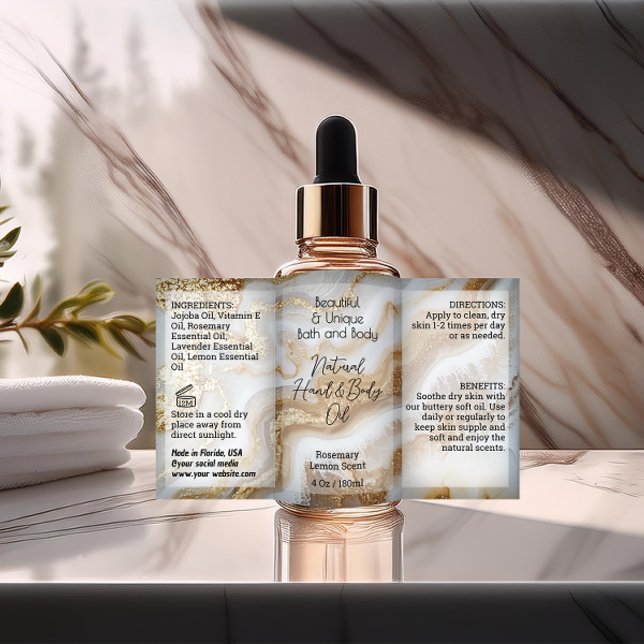Étiquette bouteille d'or 4 oz Huile Dropper de 4oz (gold white marble 4 ounce bottle product label)