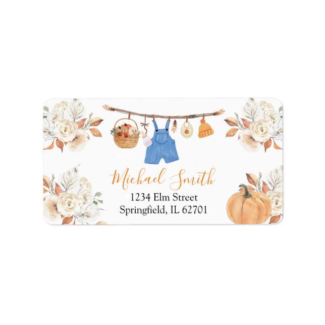 Étiquette Boy Clothes Citrouille Baby shower d'automne Adres (Devant)