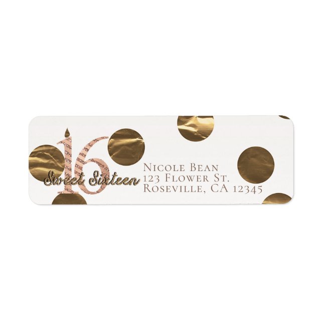 Étiquette Bronze Rose Pois Gold Sweet 16 Anniversaire (Devant)