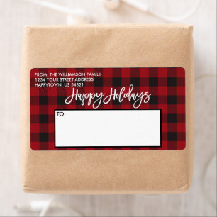 Étiquette Brosse Script Red Buffalo Plaid Holidays Mailing