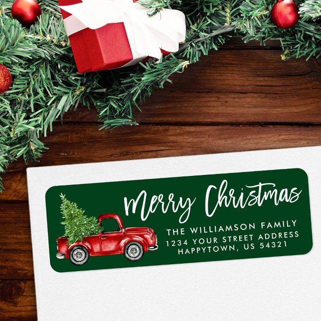 Étiquette Brosse verte Script Camion Vintage Noël (Customize to change your personalized text size or style.)