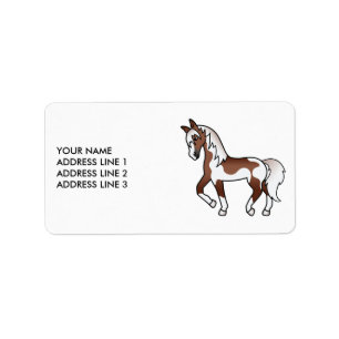 Étiquette Brown Pinto Cartoon Trotting Horse & Custom Text