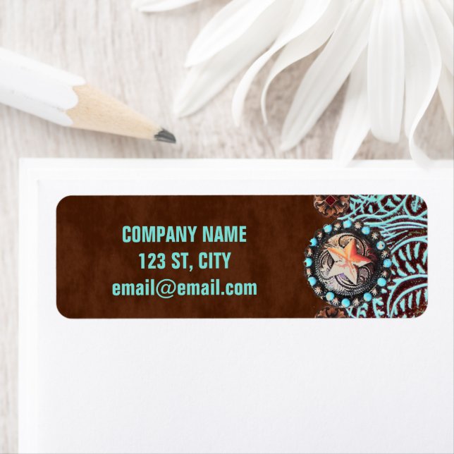 Étiquette brun turquoise western pays à outils cuir (En situation)