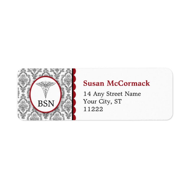 Étiquette BSN RN LPN Damask Caduceus Noir Bourgogne (Devant)