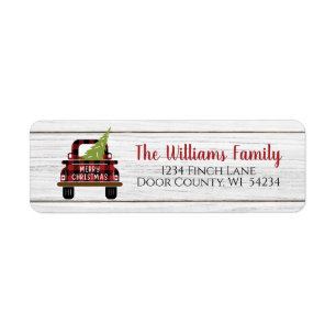 Étiquette Buffalo Plaid Red Truck Christmas Adresse de retou