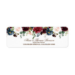 Étiquette Burgundy & Blue English Flowers Adresse de retour