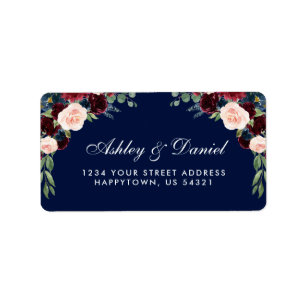 Étiquette Burgundy Blue Floral Aquarelle Mariage Adresse
