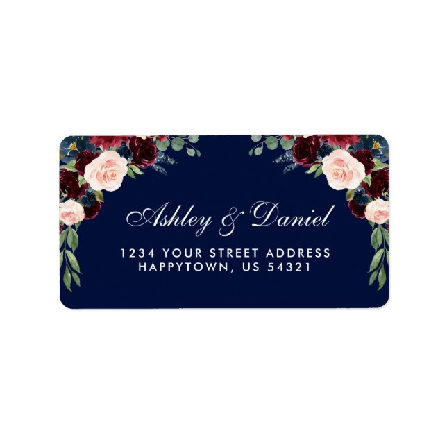 Étiquette Burgundy Blue Floral Aquarelle Mariage Adresse (Devant)