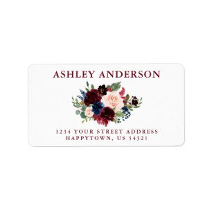 Étiquette Burgundy Blue Pink Floral Mariage Adresse de retou