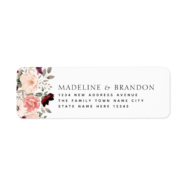Étiquette Burgundy Blush Floral Bride & Groom Adresse : (Devant)