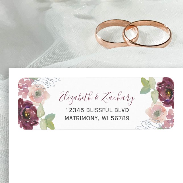 Étiquette Burgundy Blush Floral Mariage Adresse de retour (Créateur téléchargé)