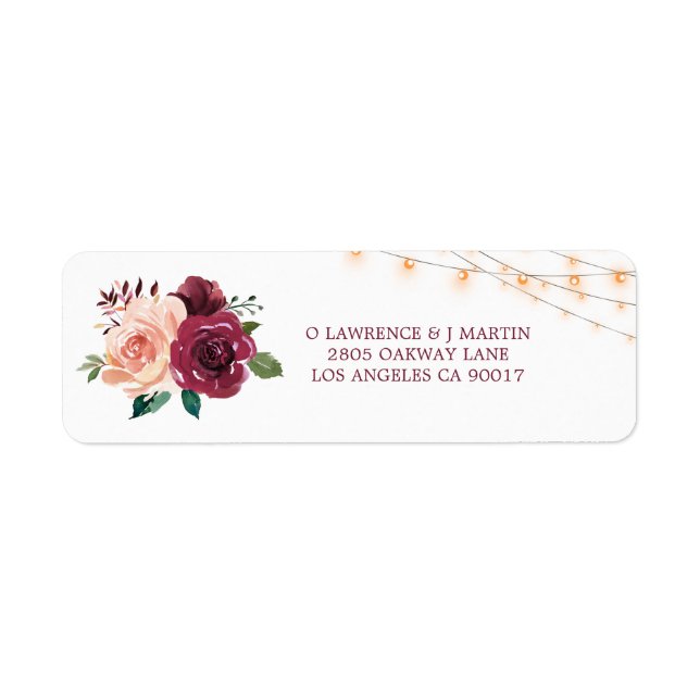 Étiquette Burgundy Dusty Rose Floral Lights Mariage Adresse (Devant)