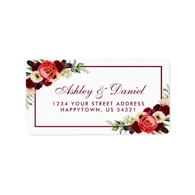 Étiquette Burgundy Floral Boho Adresse Mariage (Devant)