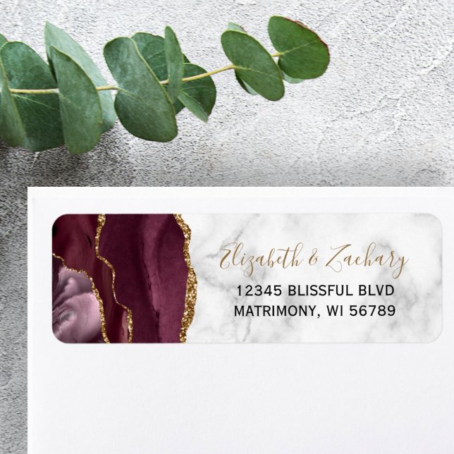 Étiquette Burgundy Gold Agate Marble Adresse de retour Label (Créateur téléchargé)