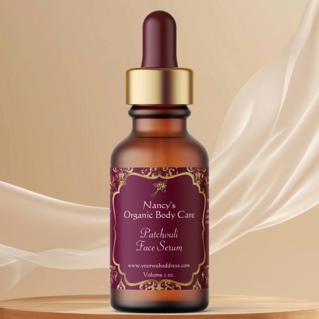 Étiquette Burgundy & gold foil damask dropper bottle label (Créateur téléchargé)