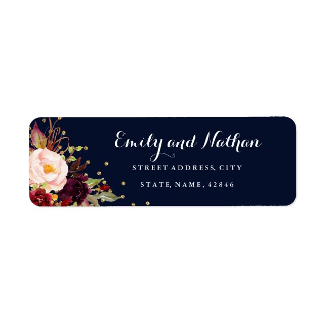 Étiquette Burgundy Gold Navy Floral Adresse de retour Label (Devant)