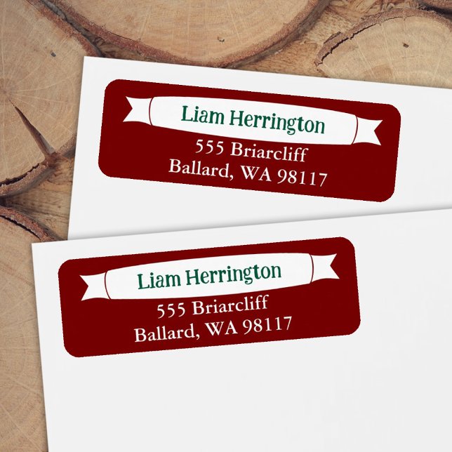 Étiquette Burgundy & Green Address Label with Banner (green and burgundy red return address labels for invitations and announcements)