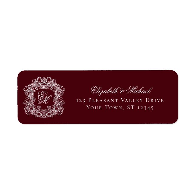 Étiquette Burgundy Monogram Wedding Crest Return Address (Devant)