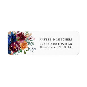 Étiquette Burgundy & Navy Orange Fall Floral Adresse de reto